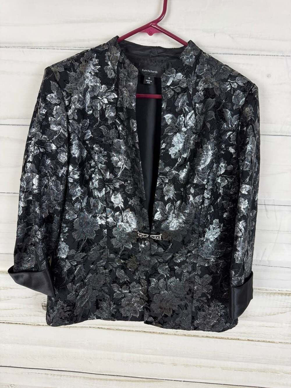 R&M Richards Black and Silver Floral Brocade Blazer Jacket Size 10